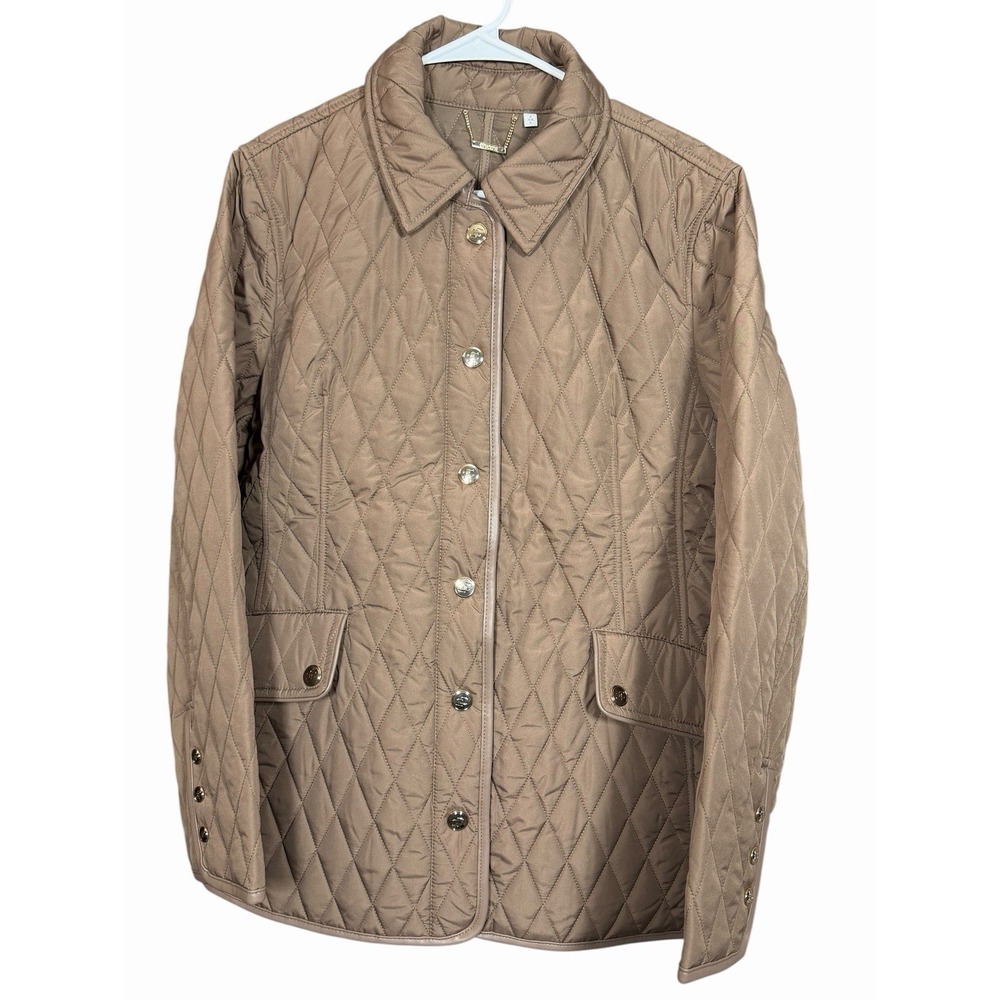 Chico's Taupe Quilted Jacket L Gold Button Equestrian Riding Chore Coat‎ Preppy